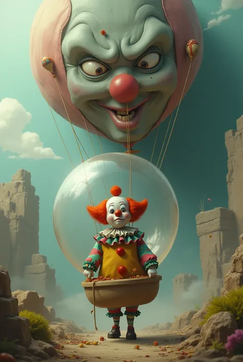 A clown inside a balloon with giant ren watching