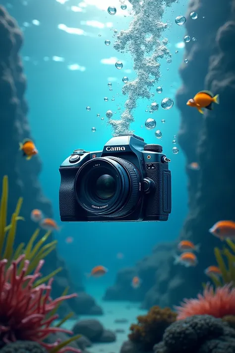 Camera poster used underwater with bubble effect 