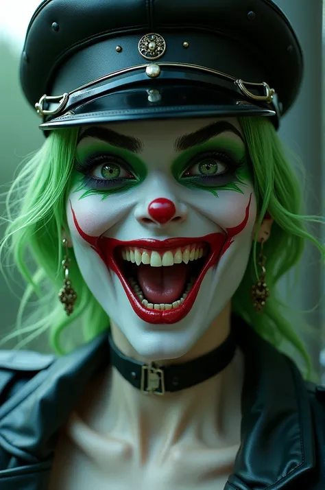 Hyper realistic, detailed, beautiful evil female with bright chemical white skin, green hair with purple highlights, red lips curled up with a stretched joker 1989 movie grin , laughing, pulled cheeks and corners of lips stretched far up level to nostrils,...