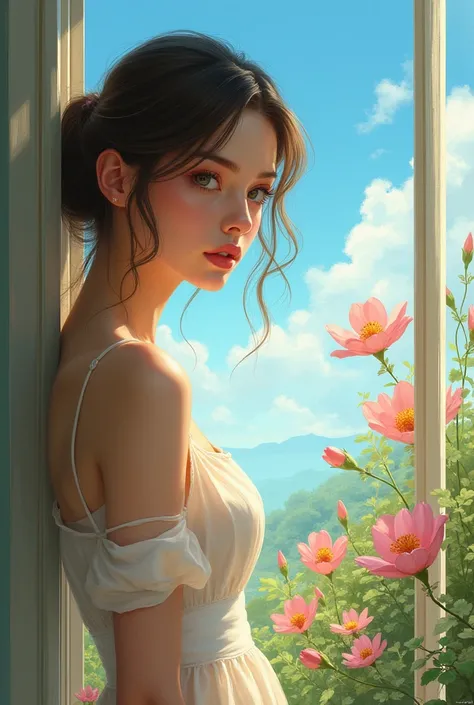 Image of a beautiful woman sweetie long dress with turquoise eyes and brown eyes looking out the window from which you can see a beautiful flowery garden on a blue sky day