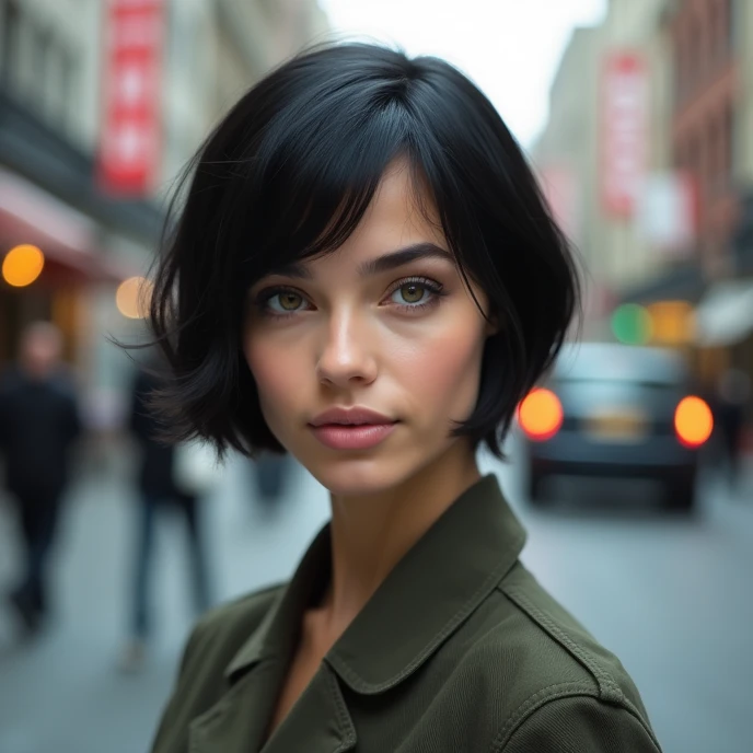 Attractive American middle-aged woman, round face, 40 years old, green eyes, very short black hair like a military man, wearing casual clothes, thoughtful expression. In the city. Facing wright looking to the camera. Portrait