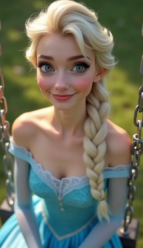 High angle close up Portrait of slim young Teenage Elsa , wholesome, looks like the girl next door, very fit, muscular, trim WEARING THE ORIGINAL ELSA  COSTUME blue dress . 8k, high definition, visible cleavage, smiling, happy, hyper realistic, she is styl...