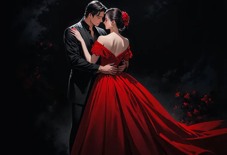 The image shows a couple in an intimate pose against a dark background. The woman is wearing an elegant, off-the-shoulder red dress, while the man is dressed in a black outfit. The mans arms are around the womans waist, creating a close and romantic atmosp...