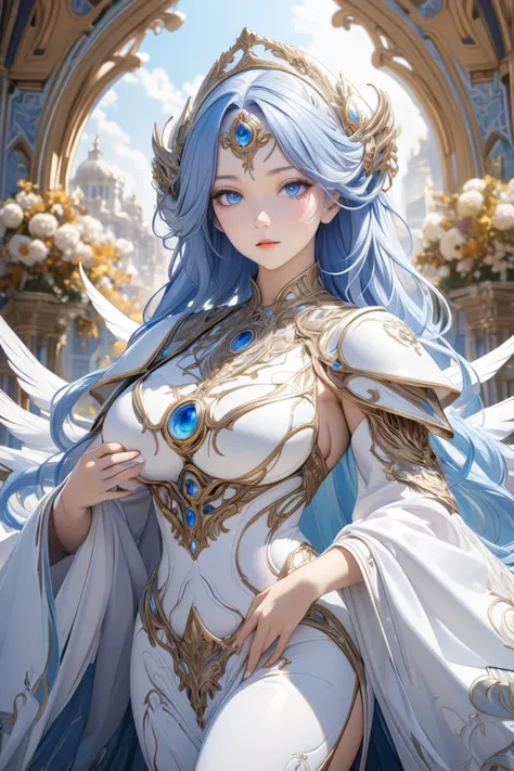 Goddess, long silvery blue hair, white wings, white clothes, fully clothed, voluptuous body ,detailed background, every detail is rendered in superb detail, perfect composition, masterpiece, best quality, 8k, ultra-detailed, very clear, perfect anatomy, an...