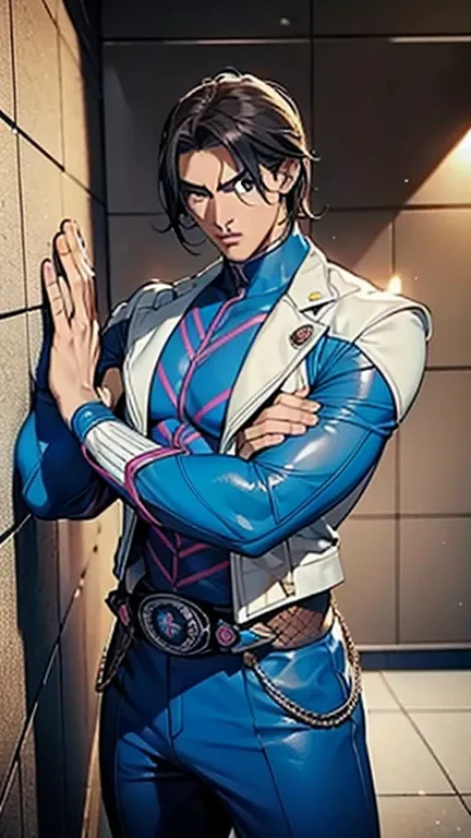  ( highest quality), ( highest quality), (Overall view)  A beautiful and sexy young Kamen Rider, Lean and muscular,  with a cool and handsome face, Sharp Eyes,,Kamen Rider cornered by a wall , raise both hands, Surrender pose,Frightened expression