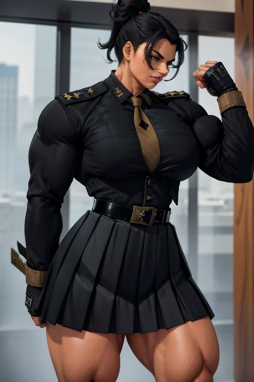 ((Close-up)), tall, (jet black hair) beautiful muscular woman, wavy ponytail, light brown skinned, (huge breast), closed smile, black lipstick, (massive muscles), (hyper muscle), (((ginormous bulky muscles))), white eyes, (((((wearing dark military_uniform...