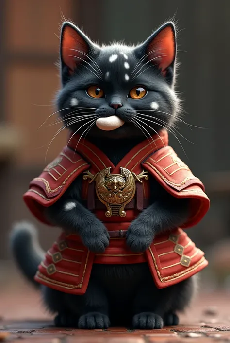 Black cat with white spots ,  one in its mouth as if it were a mustache wearing an Asian warrior costume, that the whole body can be seen 