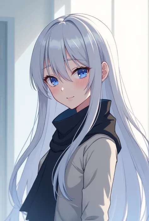  Slender anime girl with long white hair, Light-eyed blue ,  wearing a black scarf , ela lembra a Shikimori de Kawaii dake ja Nai Shikimori-san
