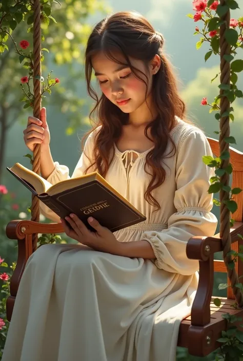 Beautiful girl in well-behaved dress long sleeve reading her bible sitting on a beautiful swing in the background of a beautiful flowery garden 