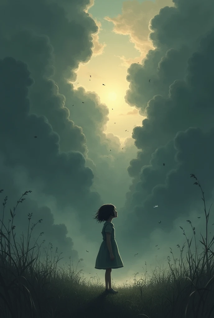 A girl looking up at the sky with black soot and smoke floating under  the clouds. The morning sky is getting dark as the soot blocks out the sun