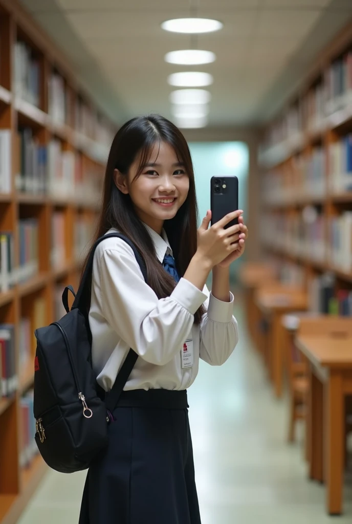  A beautiful woman aged 17 ,  ethnic South Korean is taking a picture in her school library, her name tag reads  "Menisa Halawa " he uses a high school uniform (SMA ) in Indonesia,  looks cheerful and full of excitement ,  clear realistic photo of 8k resol...