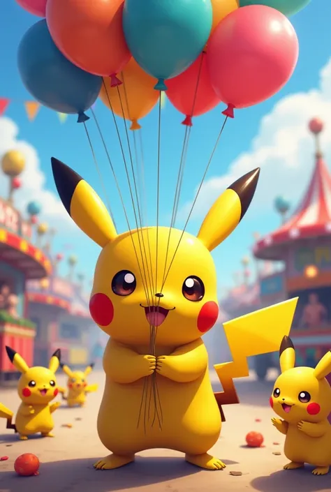 A Pikachu holding balloons at a fair with more Pikachus