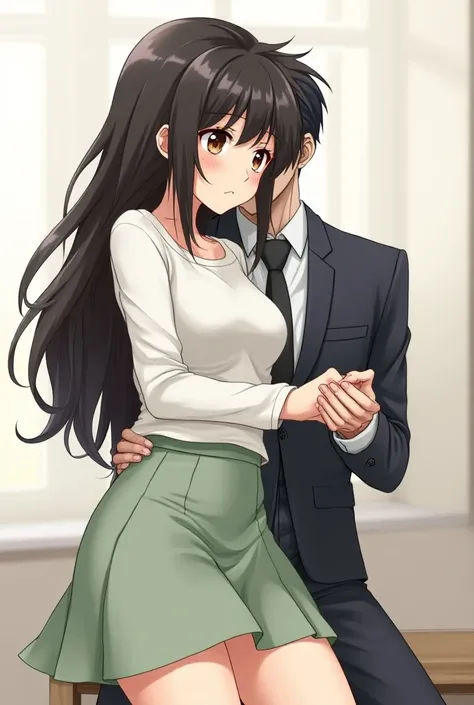 Draw an anime style girl with black wavy hair, brown eyes, a light green mini skirt and a white long-sleeved top receiving a cock in her anus from Black-haired husband in a suit