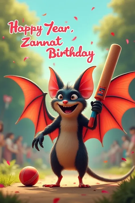 Create an image in which a bat and ball in here and written happy birthday to you Zannat Osmani 