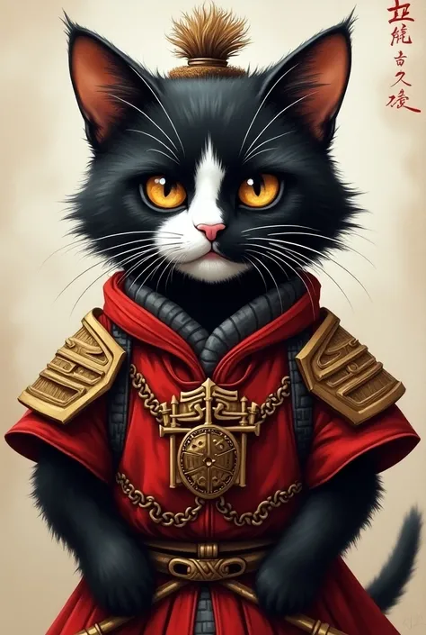 Black cat with white spots ,  one in its mouth as if it were a mustache wearing an Asian warrior costume, That his full body can be seen and that he has an acrylic painting style