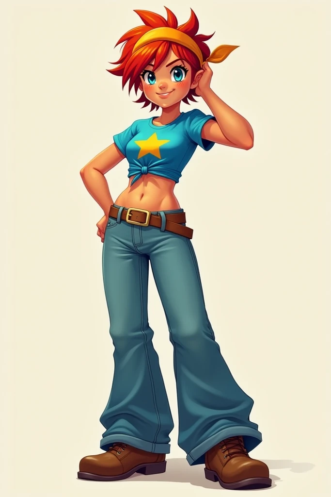 A tanned girl, slightly pumped up, in a blue T-shirt to her chest, with a knot at the end and a print of a yellow star. One hand on her belt, the other behind her hair. Her hair is red, short, and sticks out from under her headbands. Jeans, wide pants, and...