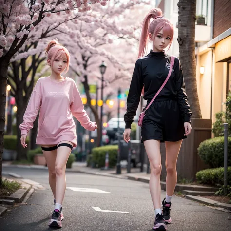 20-year-old slender full body sakura, pink ponytail hair , cor tt, bokeh effect,