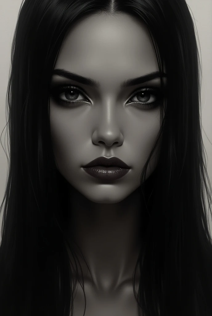 Drawing of a face with remarkable cheekbones and thick lips, facial features of about  and long straight hair