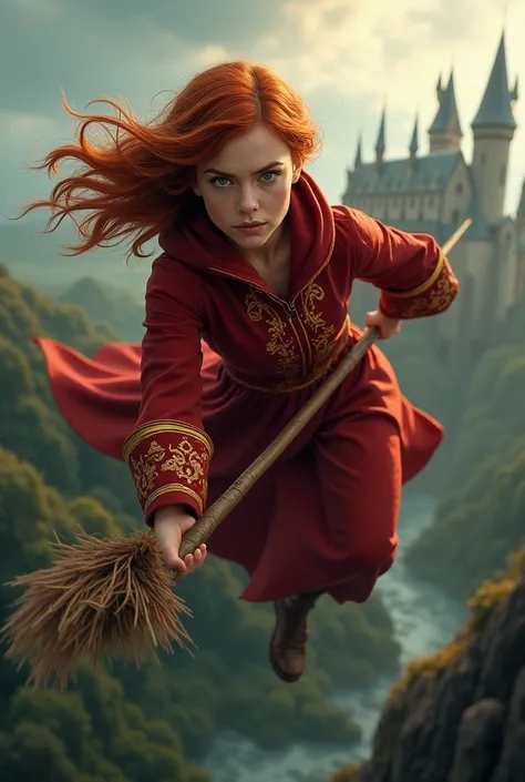 I would like to create the image of a red-haired woman with brown skin wearing Gryffindor clothes and on top of a broom 