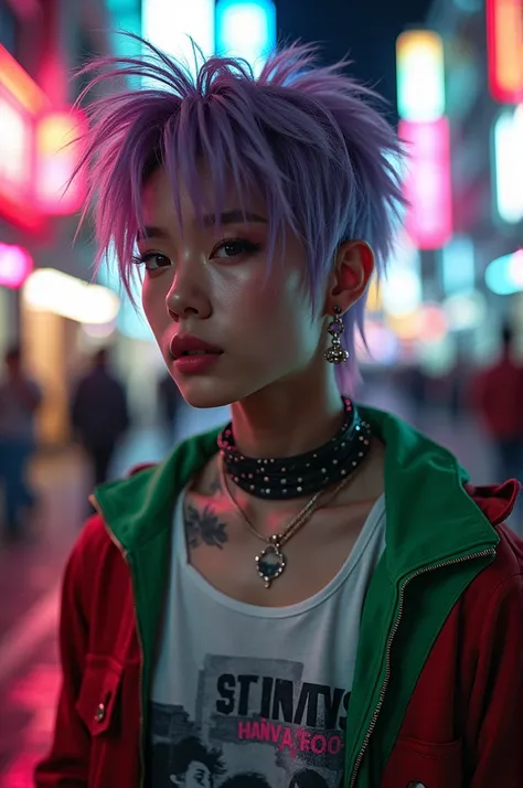  Photo of young man Korean light purple emo hair and Korean green emo hair, ( of the best quality , In 8K, 32k, masterpiece,(photo realism: 1.4),  Luxurious makeup ,  shapeless punk hair , emo fashion ,  inscribed tank top  " ART PHOTO FRAME ",  green red ...