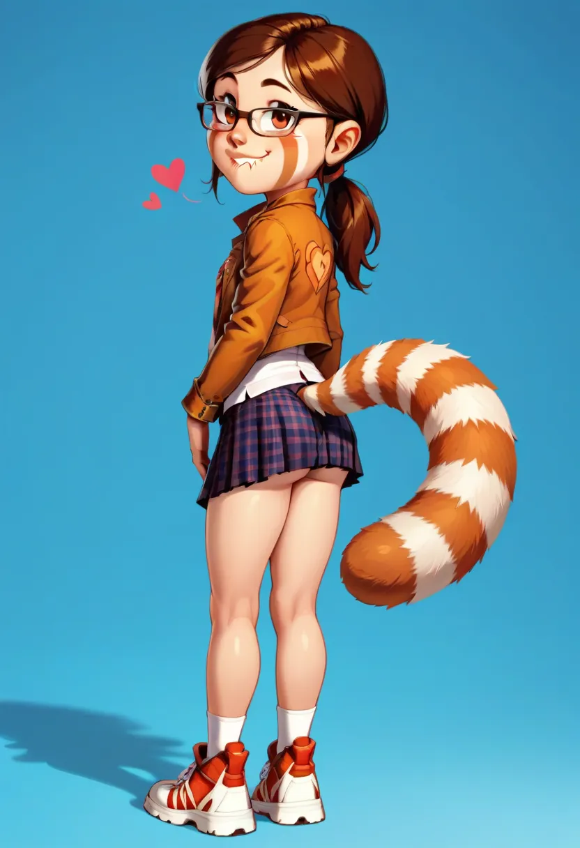 full body, solo, 1girl, brown hair, ponytail, jacket, glasses, plaid skirt, booty, butt, backside, red panda tail on butt, showi...