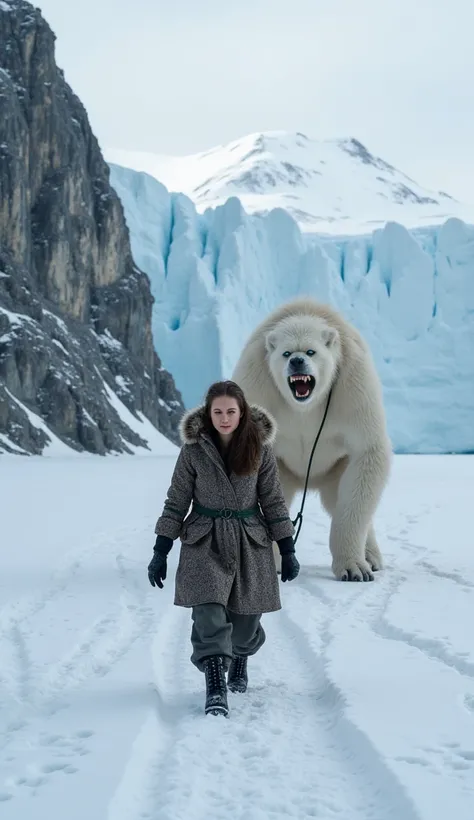 "A DSLR shot of a determined woman bundled in heavy fur-lined winter gear, dragging the chain of an enormous, white-furred monster across a frozen tundra. Her expression is fierce as she braces against the icy wind, frost clinging to her eyelashes and brea...