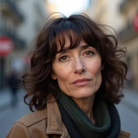 Attractive Argentinian middle-aged woman, round face, 40 years old, brown eyes, medium brown hair with bangs and curlers, wearing casual clothes, thoughtful expression. In the city. Facing wright looking to the camera. Portrait