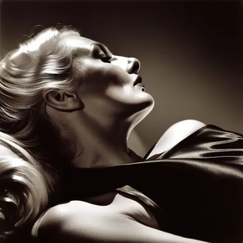  portrait of Anita Ekberg reclining, captured from a side profile perspective, head tilted back gracefully, emphasizing her elongated neck and collarbone, with the side of her breast subtly visible, wearing a slightly wrinkled satin or leather thin-strappe...