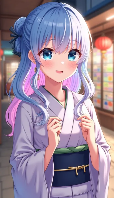 (masterpiece), (((highest quality)), (super detailed), 1 girl, (iridescent hair, colorful hair, half blue and half pink hair: 1.2), , (yukata: 1.2), outdoor, bangs, smile, sky blue eyes, perfect hands, perfect hands, hand details, corrected fingers. Earrin...