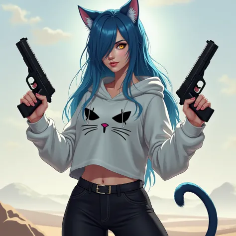 Beautiful girl with cat ears and tail. Age 23, hazel glowing eyes. Black skinny jeans with a white kitty hoodie. Long blue hair, hair over half face. Holding two desert eagle pistols in hands. 