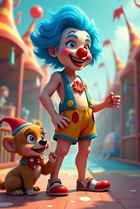 Clown with blue hair and swimsuit and doggy