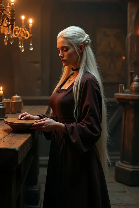  Beautiful young Targaryen woman with long round face elongated nose short white neck-length hair wearing a long dress in dark brown color with long sleeves medieval, serving in a dark tavern, Skinny corpulent woman with big breasts.  With a wooden tray in...