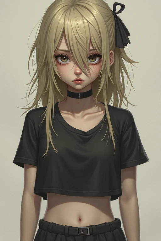 (​masterpiece、top-quality:1.1), 1 girl, Unkempt clothes, moody expression, blonde unkempt hair, bangs,croptop, pout Hair Between Eyes, Hair Ribbon, 