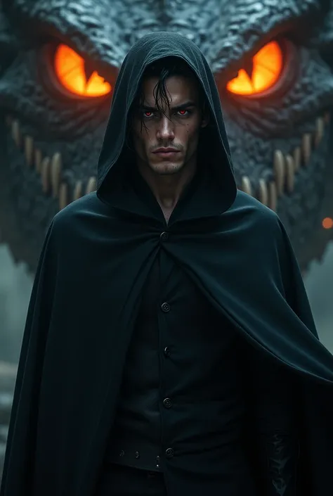 A handsome young man with black hair, reddish eyes , dark complexion and a threatening look .  He wears a black cape that only reveals his face and behind him appear the eyes of a dragon whose eyes are orange,  the dragons pupil is like that of an angry ca...