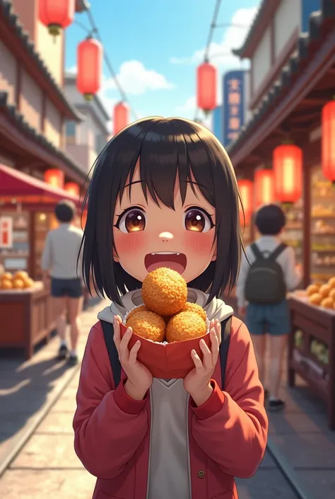 On a Japanese street, a happy 11- girl is happy to eat Japanese takoyaki street food