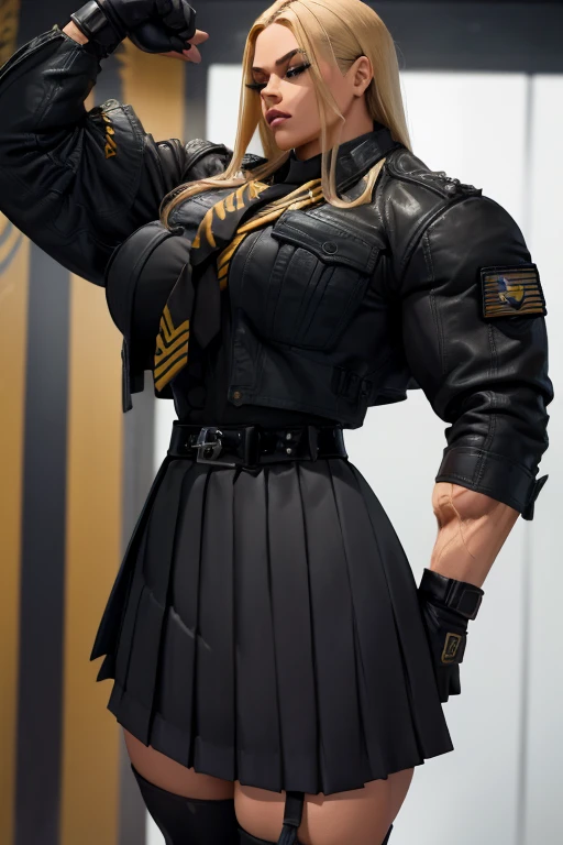 ((Close-up)), tall, (yellow hair) beautiful muscular Latino woman, long hair, light brown skinned, (huge breast), closed smile, black lipstick, (massive muscles), (hyper muscle), (((ginormous bulky muscles))), gray eyes, (((((wearing dark military_uniform,...