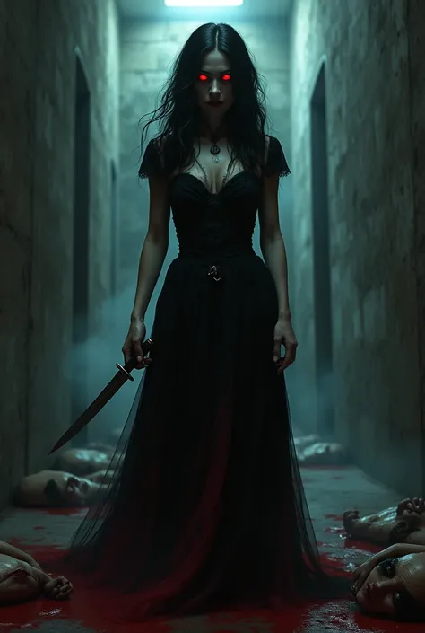  A woman with wavy black hair  ,  wearing a black color and bloody black clothes holding a knife in her right hand,  and the setting with a dark corridor behind her full of dead bodies , and her glowing red eyes  