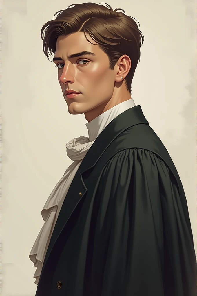  Create the image of a full-bodied young man, beautiful, attractive and stately ... With short and well-groomed brown hair... Look deep and serious , like a magistrate  