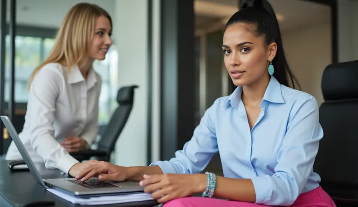 Beautiful stunning executive woman with black hair tied in a bun, light blue blouse, pink skirt, blue bracelet, earrings, in a modern office, laptop, files, looking at the camera, tanned white skin, Latina talking to her assistant a blonde woman in a white...