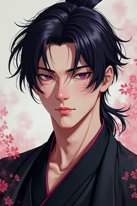 A young man of Chinese origin, high, handsome, black hair with touches of purple ,  with traditional black clothing, Manga style