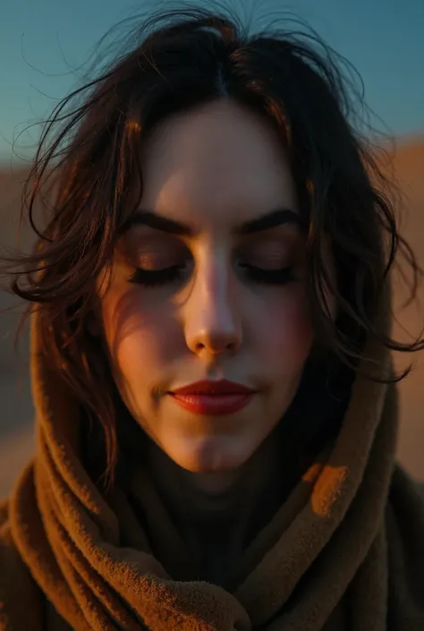 A Woman With A Night Fatigue Face, Close-up Portrait, Desert Dune Scene, Cinematic Lighting, Night Scene, Dramatic Shadows, Moody Color Palette, Warm Tones, Photorealistic, Highly Detailed, 8k, Masterpiece