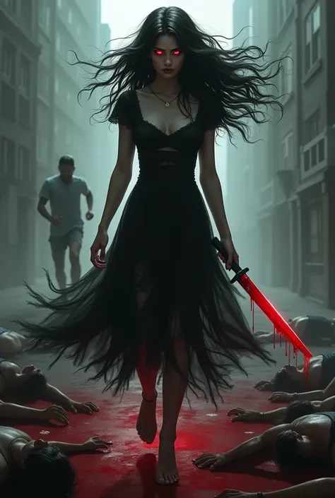  A woman with wavy black hair in the wind , wearing a torn black dress ,  holding a bloody knife ,  with a runner behind her with fallen people ,  and a pool of blood under her feet , and bright eyes