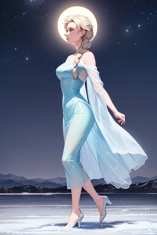 Elsa , movie character "frozen" ,  upper half of the body  , HEAD ON , walking across an extensive frozen plain , at night , full moon night 