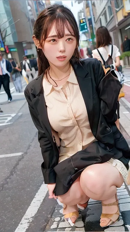 Highest,masterpiece,Highest品質, high definition , High Quality ,Realistic, Medium Hair ,Business Bags:1.2,Wet髪,torn pantyhose, pants style, high heels,  colored shirt , has small breasts, black jacket , business suit in need of an emergency :1.5,,,Place you...