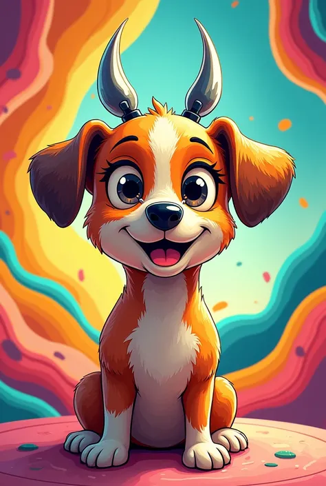 Make me a profile picture of a dog with antennas that is more like a drawing and a multi-colored background