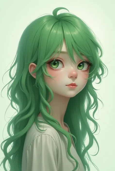  A boy with androgynous features with green hair,  long and wavy 
Beyond the Shoulders , skinny and young white-skinned 