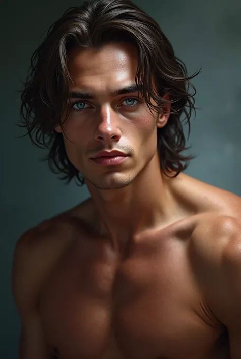 handsome young man, strong, Blue-eyed with long hair