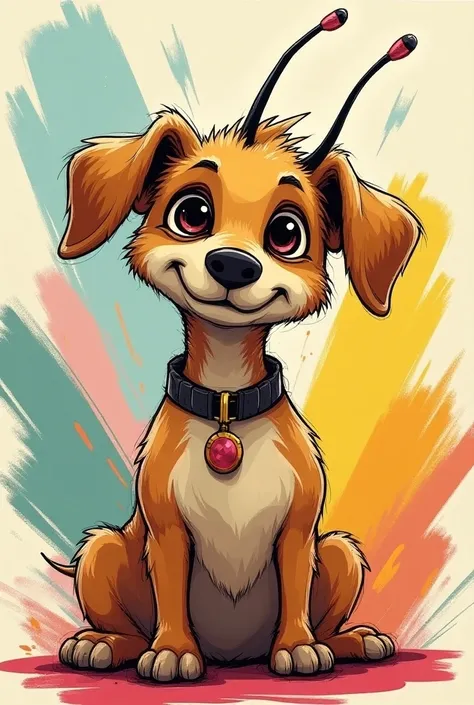 Make me a profile picture of a male dog with antennas that is more like a drawing and a multi-colored background