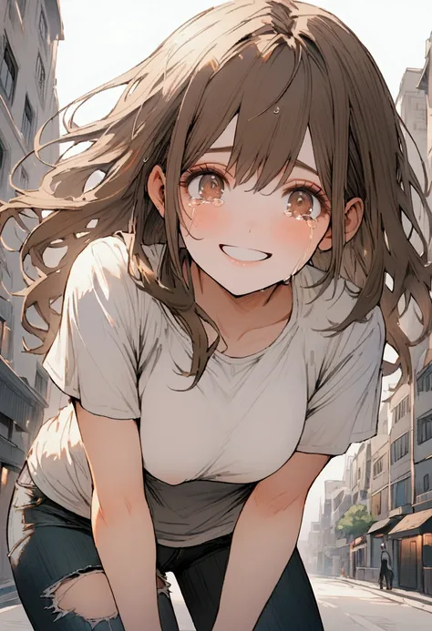 1 young adult woman, white tee shirt, old worn tight jeans with holes in them, 8k, high res, absurdres, thin, dark brown hair, brown eyes, crying while smiling, happy tears, emotional, soft smile, outdoors, city background, detailed eyes