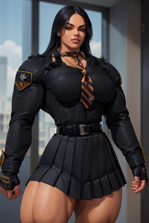 ((Close-up)), tall, (black hair) beautiful muscular woman, long hair, light brown skinned, (huge breast), closed smile, black lipstick, (massive muscles), (hyper muscle), (((ginormous bulky muscles))), orange eyes, (((((wearing dark military_uniform, jacke...